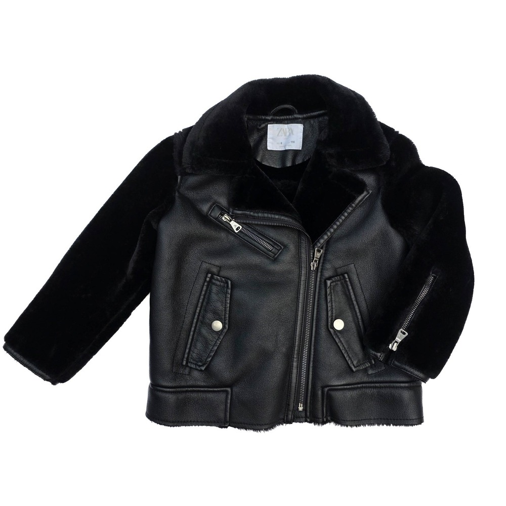Zara Girls Faux Shearling Biker Jacket Size 6 116 Black Moto Double Faced